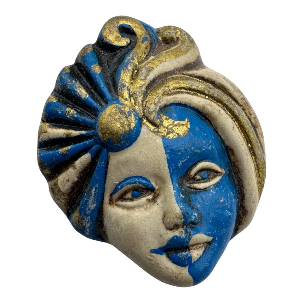 Vintage Blue & Gold Harlequin Face Brooch 1.75”‎ Ceramic Mask Pin